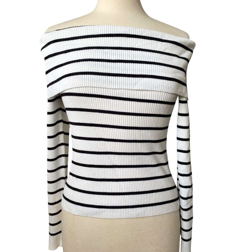 H&M Off Shoulder Striped Ribbed Knit Top White Black Size L